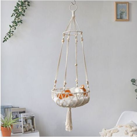Pair Hamac pour chat en macramé en bois et corde de coton tissé à suspendre (30100cm) (1/5)