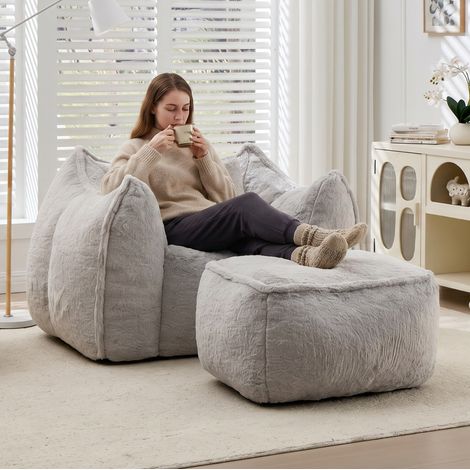 Fauteuil pouf gris en fausse fourrure HAVRYA (1/5)