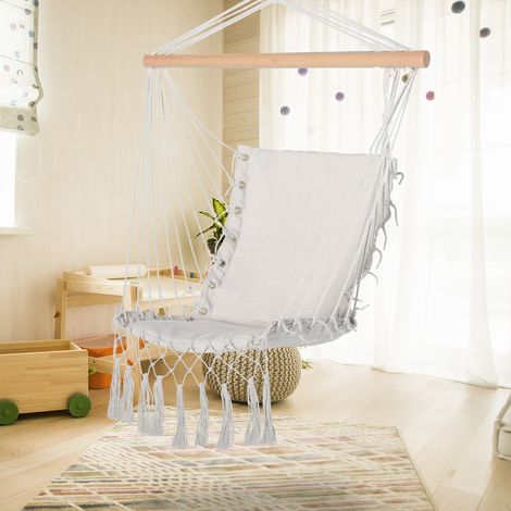 Silla Colgante con Borlas Carga 120 kg Silla Columpio de Algodón Estilo Moderno para Interior y Exterior Blanco