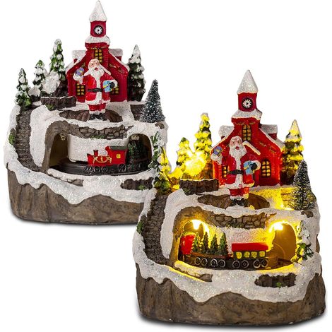Village de Noël Miniature en Résine 13 cm, Maison LED avec Train Tournant et 8 Chants, Décor Fenêtre (1/5)