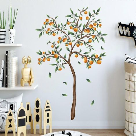 Sticker mural arbre peint à la main. colline aquarelle. décoration murale. oranger (1/4)