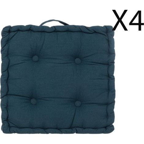 Lot de 4 coussins de sol carré, coussin d'assise en coton coloris bleu foncé - Longueur 40 x Profondeur 40 x Hauteur 8 cm -PEGANE- (1/3)