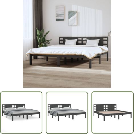The Living Store Cadre de lit sans matelas gris 200x200 cm bois massif de pin - Cadre De Lit - Lit Double - Lit En Bois - Bois Massif - Chambre À Coucher (1/5)