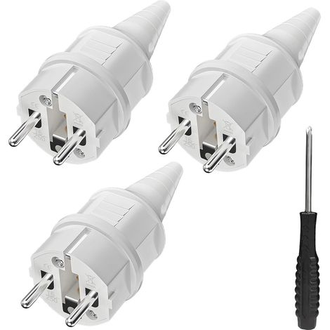3 fiches de contact de protection avec protection anti-torsion, 250 V (16 A), résistantes aux projections d'eau et longue durée, IP44, blanches.