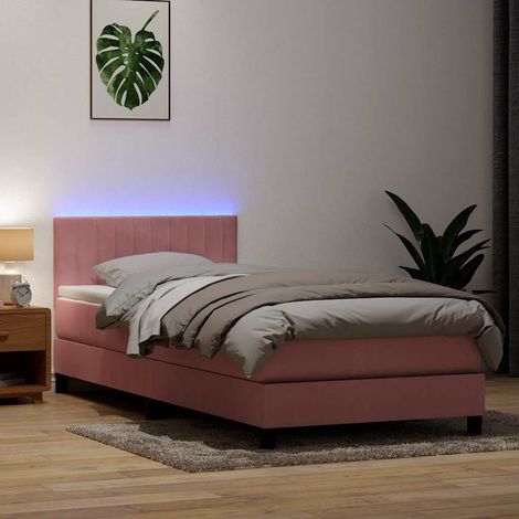 Sommier à lattes de lit avec matelas et LED rose 90x210 cm velours (1/5)