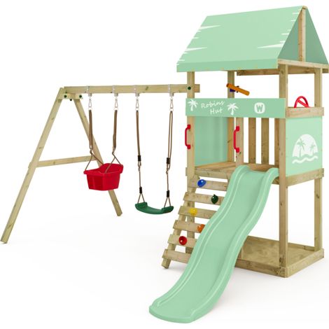 Parque infantil de madera Wickey DinkyHouse con Tobogan y Columpio doble para niños pequeños en verde claro