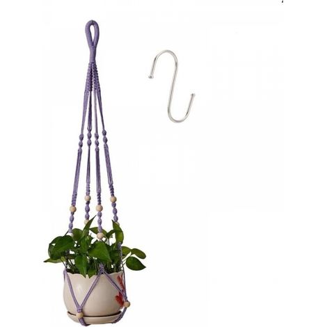 Suspension pour plantes d'intérieur en corde de coton violet, 98 cm, avec perles en bois, pour décoration intérieure, sans crochet, 1 paire (1/5)