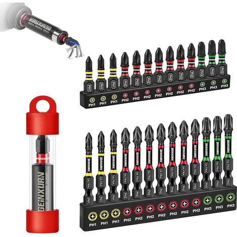 GEINXURN Phillipes Lot de 26 Embouts de Vissage aux Chocs PH1 PH2 PH3 25mm 50mm, Jeu d'embouts Magnétique pour Visseuse Tournevis Tige Hexagonale 1/4" S2 en Acier Allié avec 1 Porte-embout de 60mm (1/5)