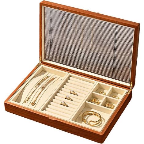 Boîte à bijoux en bois massif pour ranger bagues, boucles d'oreilles, colliers et bracelets. Boîte de rangement multifonctionnelle pour bijoux. (1/5)