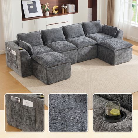 Modulares 4-Sitzer-Sofa (2 Fußhocker), Kissen, Getränkehalter, 2 Seitentaschen, Schaum-/Federkern, schnell rückfedernd. Frei kombinierbar – ideal für Wohnzimmer, Büros u.ä.(grauer Chenille-Stoff)