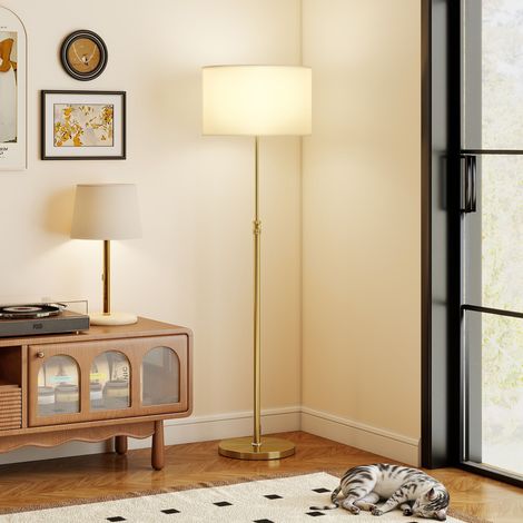 Lampada da terra con telecomando, altezza regolabile, paralume in tessuto, base in metallo, luminosità regolabile, interruttore a pedale, colore oro (1/5)