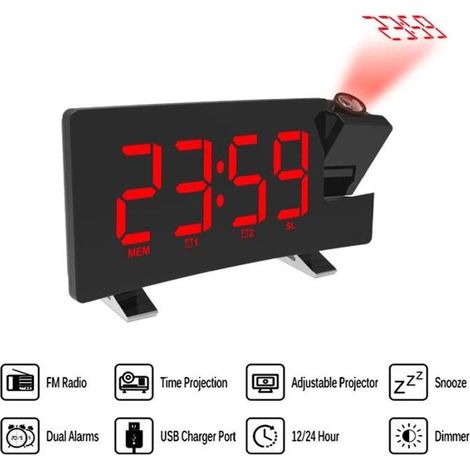 Réveil Horloge numérique reveil matin avec radio avec port de chargeur USB Pour recharger le téléphone Projection temporelle (1/4)