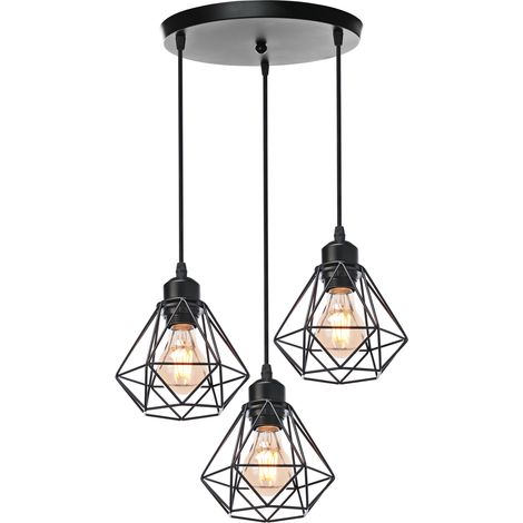 3-Flammige Industrielle Pendelleuchten aus Metall im Diamant Käfig Hängelampe E27 Runde Basis für Küche Wohnzimmer Esszimmer Cafét (Schwarze)