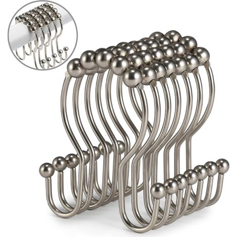 Crochets de Rideau de Douche, 12 Anneaux de Rideau de Douche, Rouleau en Acier Inoxydable Équilibre Antirouille Coulissant Anti-Chute pour Rideaux de Douche de Salle de Bain (Nickel Mat) (1/5)