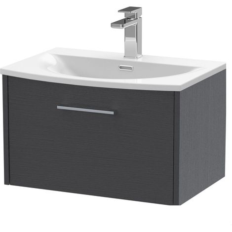 Winshill Contemporary 1 Drawer Wall Hung Vanity Unit with Curved Basin, Woodgrain Dark Grey, 600mm