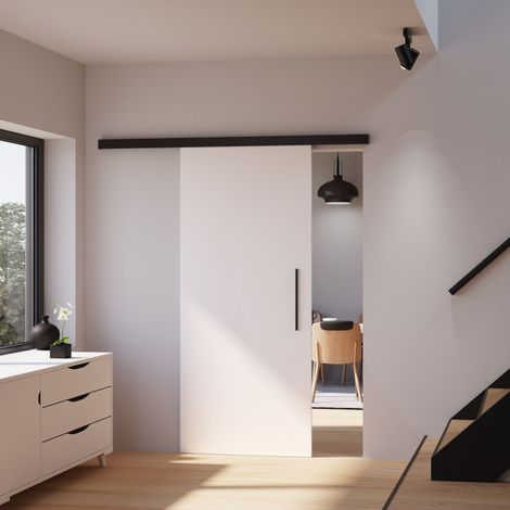 Holzschiebetür weiß 755 x 2035 Zimmertür Holztür Tür Holzschiebetürsystem schwarzer Beschlag