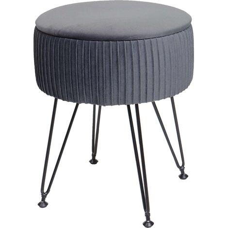 Sitzhocker HHG-405, Hocker mit Staufach, Ø 33cm, Samt-Optik hellgrau, Gestell schwarz