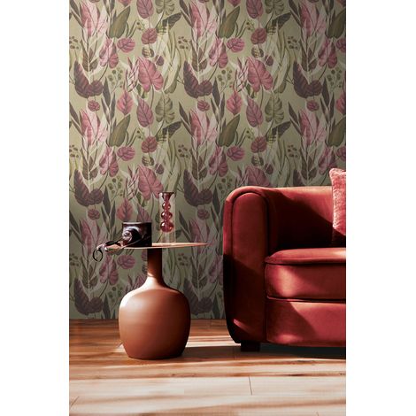 Papier peint intissé Palmiers & Feuilles Marron, Vert, Rose - 10,05 x 0,53 m