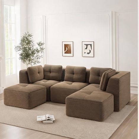 Sofa modulaire en velours côtelé marron 3 places avec pouf (1/5)