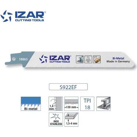Lame scie sabre Bi-Métal (Pack de 5 PCS) pour Acier/Inox LG.150 mm 18 TPI -  IZAR (S922EF)