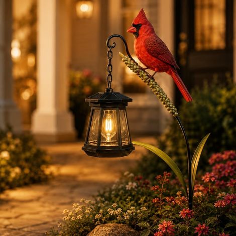 Lanterne rétro cardinal solaire sur piquet de jardin, lampe d'extérieur étanche en forme d'oiseau rouge symbolisant l'espoir, l'amour et le souvenir, éclairage décoratif pour pelouse, terrasse et cour (1/5)