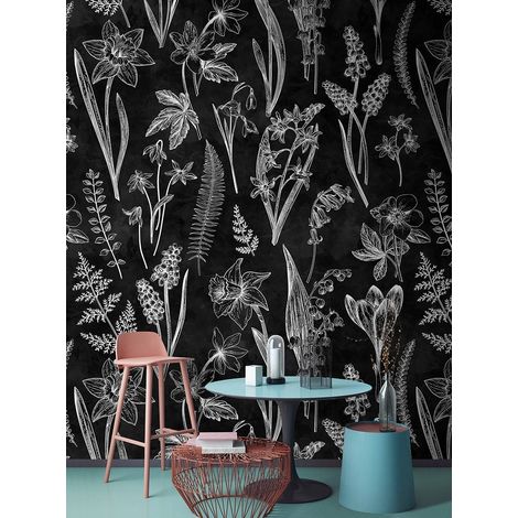 Papier peint panoramique pour bureau | Tapisserie panoramique fleurs blanches sur fond noir | Papier peint panoramique vintage pour salon - 270 x 400 cm (4 pièces) (1/5)
