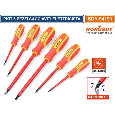 KIT 6 CACCIAVITI ISOLATI 1000V PER ELETTRICISTI CON PUNTA MAGNETICA IMPUGNATURA ERGONOMICA