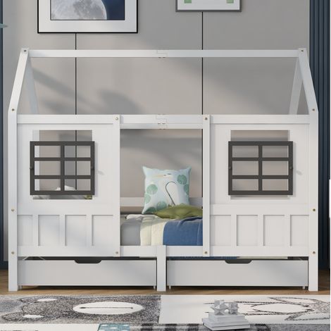 Letto a casetta per bambini 200x90 cm bianco con 2 cassetti, senza materasso - MEUBLIV (1/5)