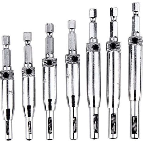 Forets de charnière à centrage automatique pour armoire de porte - 7pcs HSS 1/4" à queue hexagonale à centrage automatique Bits prédécoupés, 5/64" 7/64"9/64" 11/64"25/127" 13/64"1/4" (1/5)