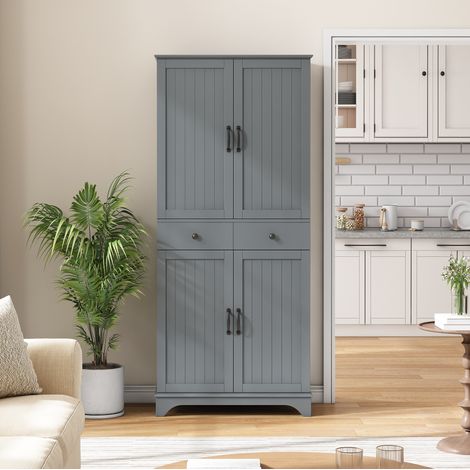 Hochschrank 77x40x181 cm grau aus MDF mit verstellbaren Böden, 2 Schubladen und ausziehbarem Regalboden (1/5)