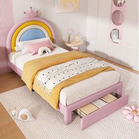 Cama individual infantil 90x200 cm PU rosa con cajón, para habitación infantil, sin colchón - CHICFURN (1/5)