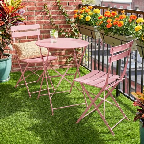 3-teiliges Gartenbistro-Set: Tisch und 2 klappbare Lattenstühle mit doppeltem Rostschutz, Rosa