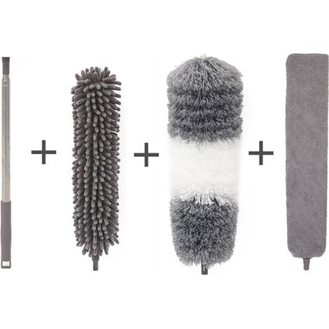 Brosse à plumeau double tête microfibre chenille, manche + tête grise + brosse pour recoins + sac EVA