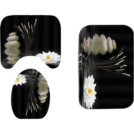 4 pièces Ensemble de Rideaux de Douche Zen Stones Blanc Lotus Noir Rideaux de Douche Imperméable Rideau de Salle de Bain Couverture de Toilette Tapis Tapis Antidérapant 180x180cm