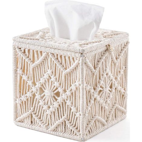 Caja cuadrada para pañuelos, macramé, lazo con cuentas, algodón natural, marco de hierro, decoración para sala de estar, dormitorio, oficina (1/5)