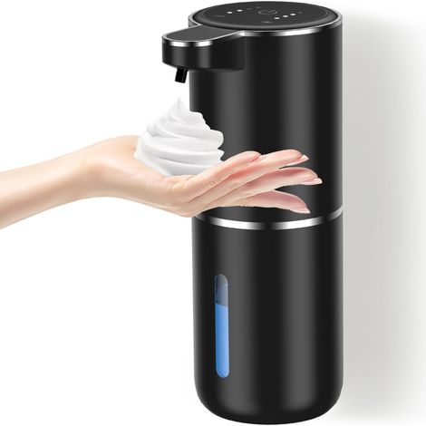 Distributeur de Savon Automatique, sans Touche Distributeur Savon Mousse Capteur 380mL, IPX5 Etanche Distributeur de Savon Mural Electrique Noir pour Salle de Bain Cuisine (1/5)