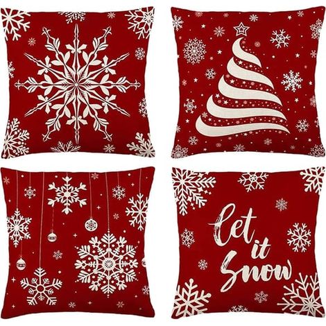 Ensemble de 4 taies d'oreiller carrées décorées de flocons de neige pour canapé familial, motif Joyeux Noël (1/5)