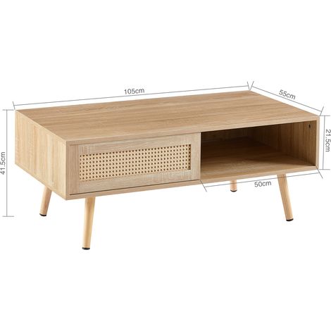 Table basse en rotin, table d'appoint avec portes coulissantes, piètement en bois massif, meuble de salon contemporain, teinte naturelle - H40/L1050/P55 cm (1/5)