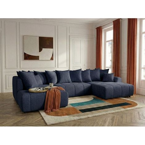 BOBOCHIC - Canapé panoramique convertible ROXELANE tissu bouclette Angle droit Bleu foncé (1/5)