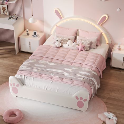 HYTKKBD – Lit Simple 140x200cm,Tête de Lit en Forme de Lapin,Lit Fille,Lit d'adulte rembourré 140x200cm avec Éclairage LED,cadre de lit,Sommier à Lattes,Tissu de Velours Doux, Rose (1/5)