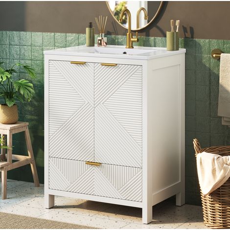 MODFU – Meuble sous vasque 61x47 cm MDF/céramique – Vasque, 2 portes et tiroir – Fermeture douce et charge 70 kg – Salle de bains – Blanc (1/5)