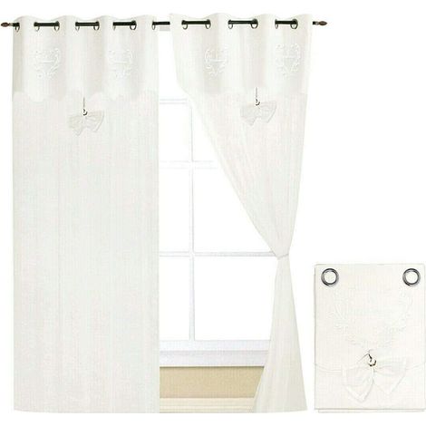 Tende Finestre Porta Interno Tessuto Lino Bianco Coppia 2 Pz più Misure Shabby Chic Fiocco - 140x290 cm