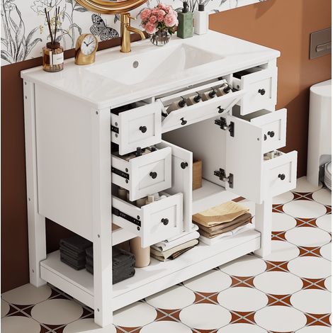 Meuble de salle de bain avec vasque en céramique, 91,5 x 46,5 x 90 cm, 6 tiroirs, blanc HAVRYA (1/5)
