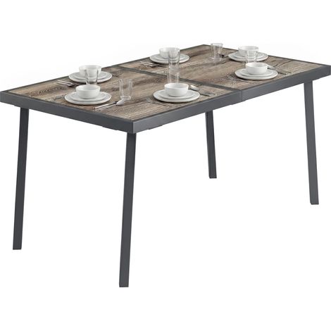 JSSEVN - Gartentisch für 6 Personen, Holzoptik, Metallgestell, wetterfest, 145 x 85 x 72 cm, grau (1/5)