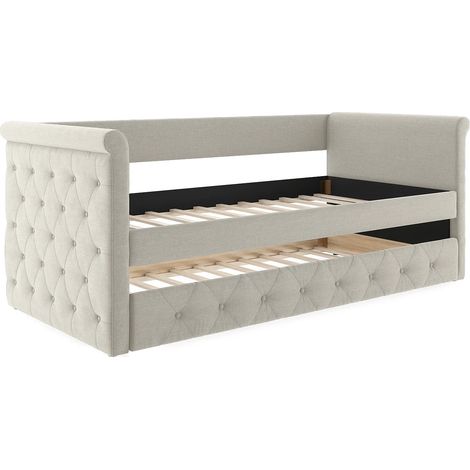 Vente-Unique – Lit gigogne capitonné 90 x 190 cm – Tissu 100% polyester beige – Cadre à lattes – Charge max 200 kg – Éco-responsable