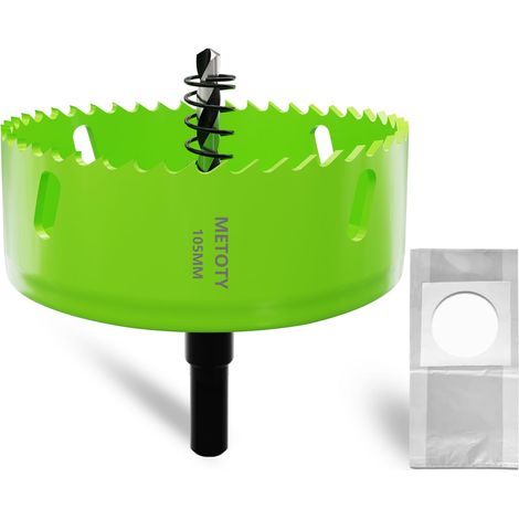Scie cloche bi-métal 105 mm, scies cloches universelles HSS M42, avec adaptateur de tige triangulaire et foret de centrage, un sac à poussière pour aluminium, métaux, plastiques (1/5)