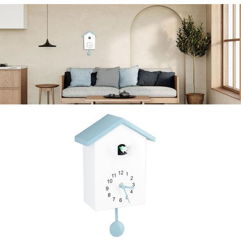 Reloj de pared con péndulo y forma de casita para pájaros, con campanada, carcasa de ABS azul grisáceo, silencioso, funciona con 3 pilas LR14. (1/5)