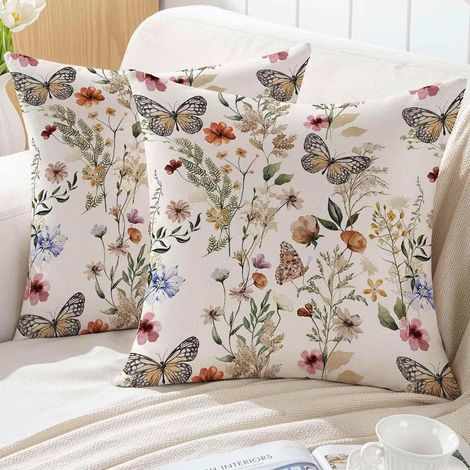 Fodera per cuscino primaverile 45x45 cm con motivo floreale per divano da esterno, federa decorativa per cuscino da divano con rose beige, fiori, foglie e farfalle, set da 2 (1/5)