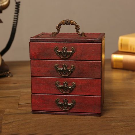 Boîte de rangement pour bijoux vintage chinois Coffret bois oriental 4 compartiments modèle compact pour accessoires earrings (1/5)