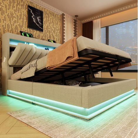 Lit coffre 160x200 en lin beige avec tête de lit rangement, LED et ports USB-C (1/5)